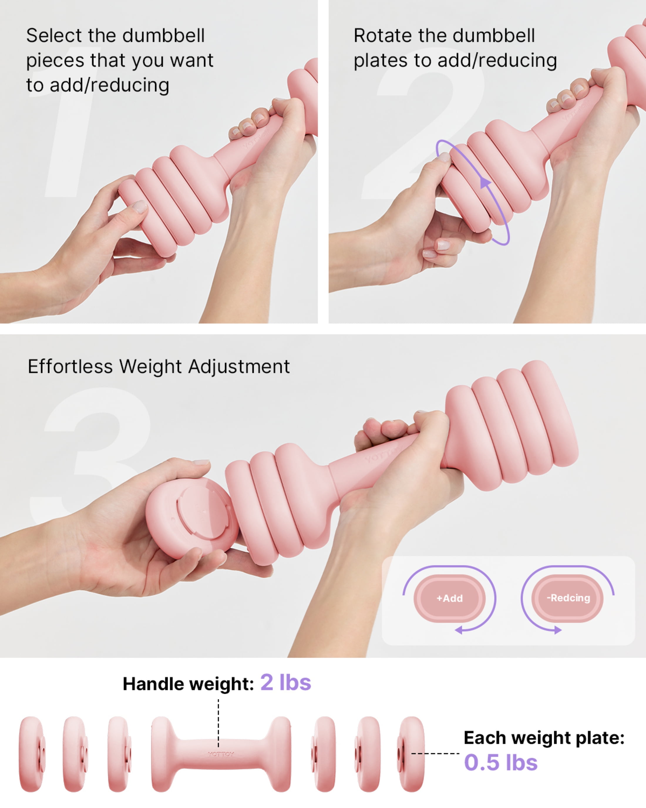 YOTTOY Adjustable Dumbbell Set, Pair 4-in-1 Hand Weights 2–5 lb Each — Compact Free Weights with Soft Grip & Base for Women's Home Gym,PINK