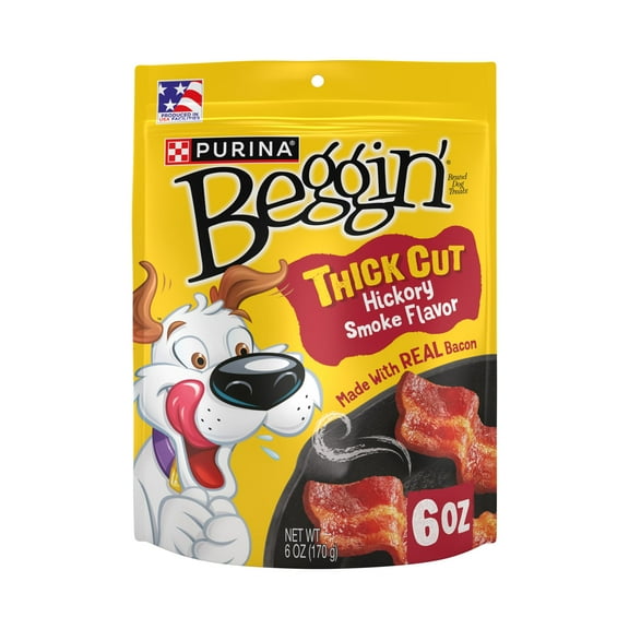 Purina Beggin' Strips Dog Treats Thick Cut Hickory Smoke Bacon Tender Chews, 6 oz Pouch (6 Count)