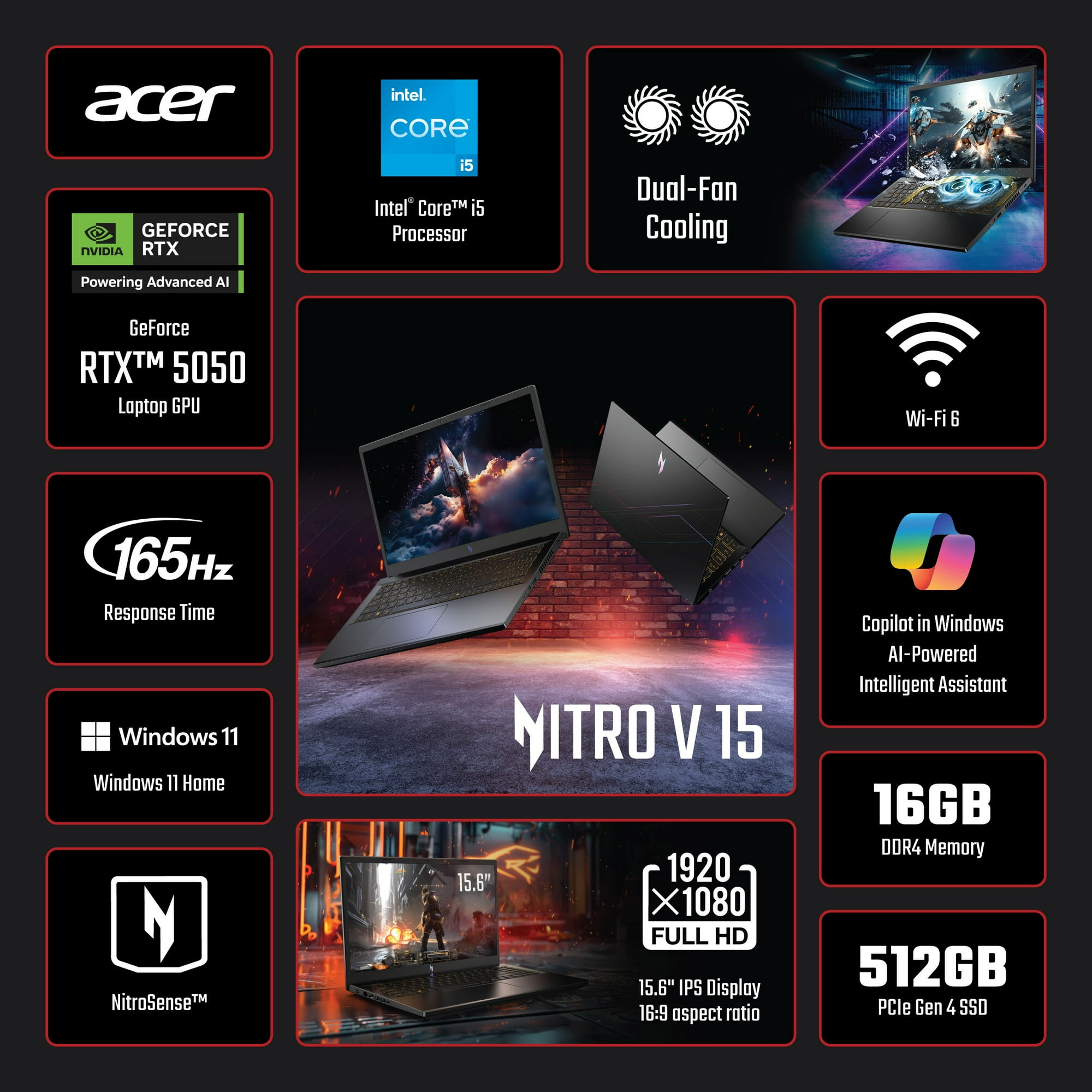 Acer Nitro V 15.6” FHD IPS 165Hz Gaming Laptop, Intel Core i5-13420H, NVIDIA GeForce RTX 5050 with 8GB GDDR7 VRAM, 16GB RAM, 512GB PCIe Gen 4 SSD, Obsidian Black