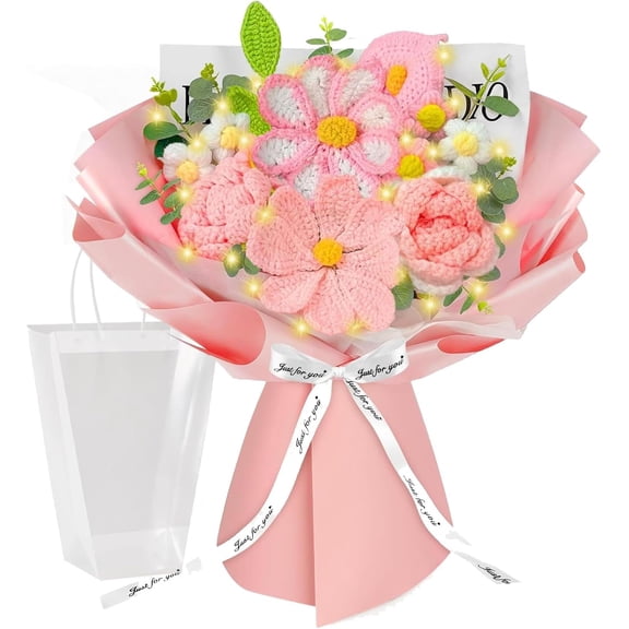 Valentine's Day Wedding Bouquet Crochet Flower Bouquet, Pink Knitted Flowers, Handmade Crochet Roses Calla Lily Gasang for Lover Anniversary Birthday Party Mother's Day Graduation Gifts (Pink)