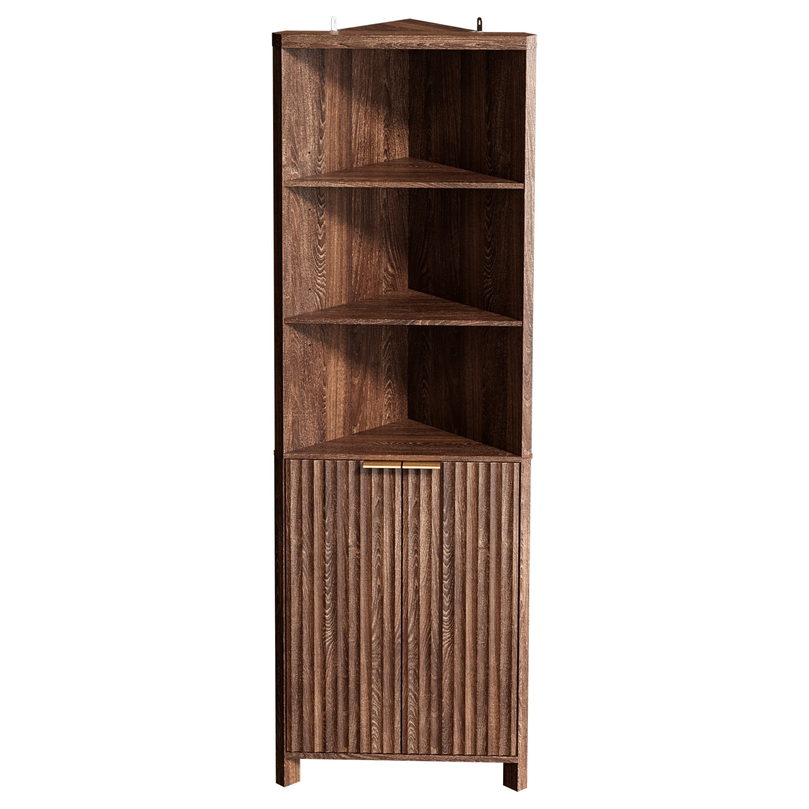 Ktaxon Corner Bathroom Cabinet with Fluted Double - doors, 5 - Tier Freestanding Storage, Walnut