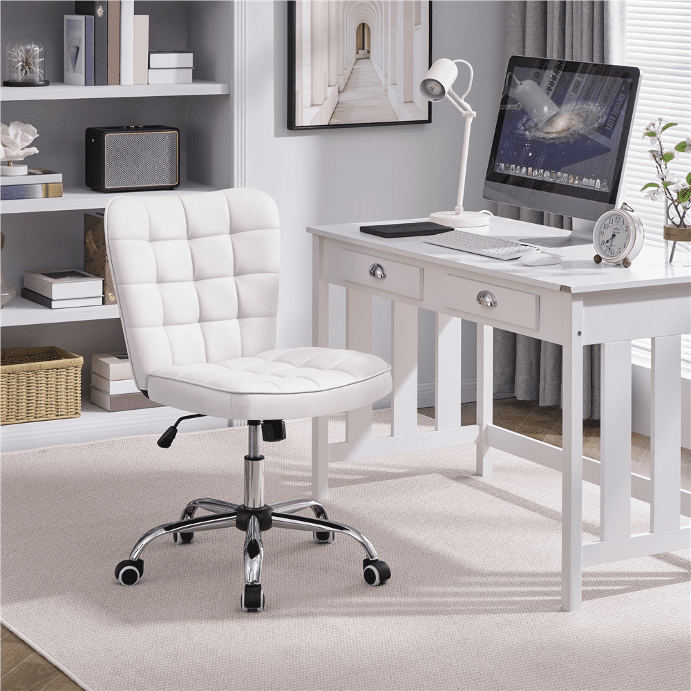 Alden Design Modern Tufted Faux leather Armless Desk Chair for Home Office, White