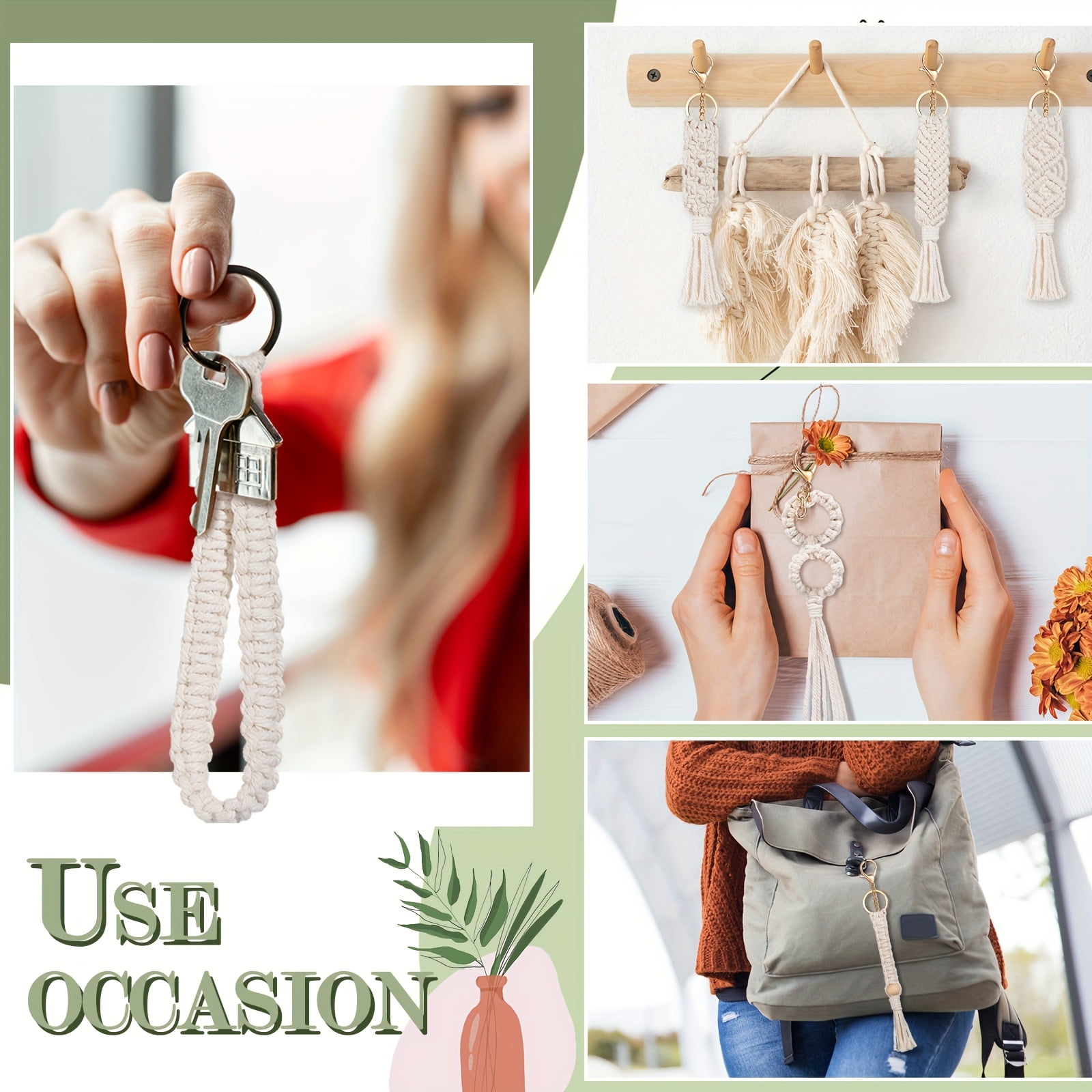 24 Pcs Boho Tassel Keychain Set, Beige Woven Macrame Keychain Charms with Gold Key Rings, Handmade Bag Charm Accessories for Women, Bohemian Party Favor Wedding Gift Bulk