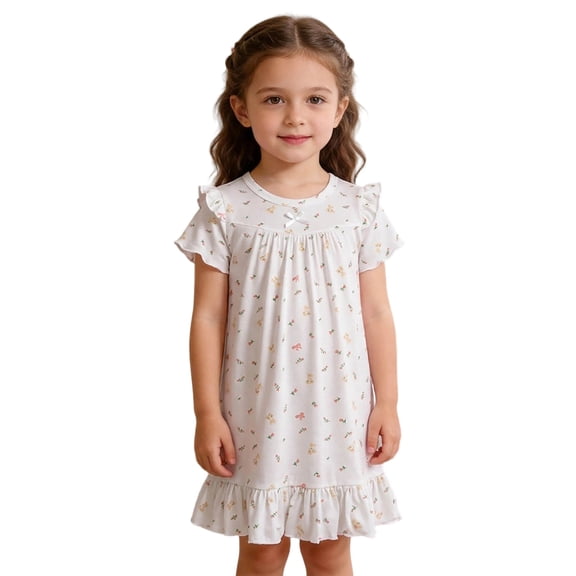 Elegyee Toddler Girls Cute Short Sleeve Nightgown Sleep Dress Nightdress, White, Size 3-4
