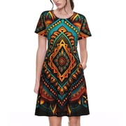 Short Sleeve A Line Dresses Casual Crew Neck Dress Short Sleeve Sundress, Indian Tribal Ethnic Native
