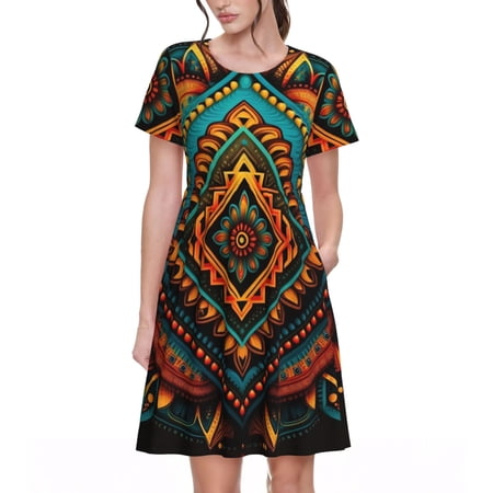 Short Sleeve A Line Dresses Casual Crew Neck Dress Short Sleeve Sundress, Indian Tribal Ethnic Native