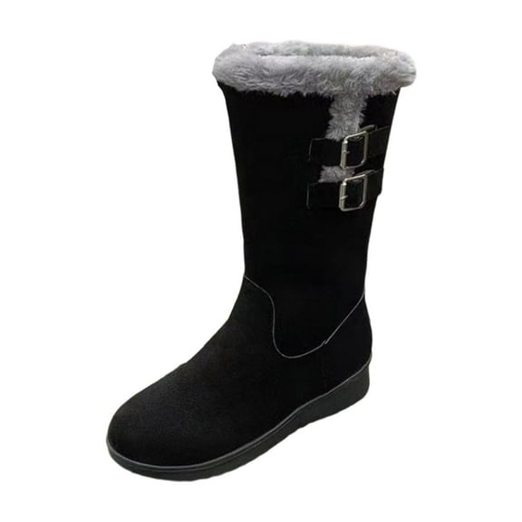Black Ladies Mid-Tube Boots With Thick Sole And Plus Velvet Thickened Design For Fall And Winter Wear Side Zipper For Easy On Comfortable And Warm
