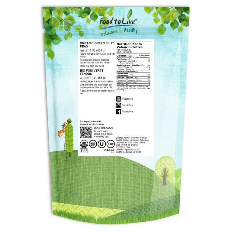 Organic Green Split Peas 1 Pound Non GMO Kosher Raw Vegan by Food to Live
