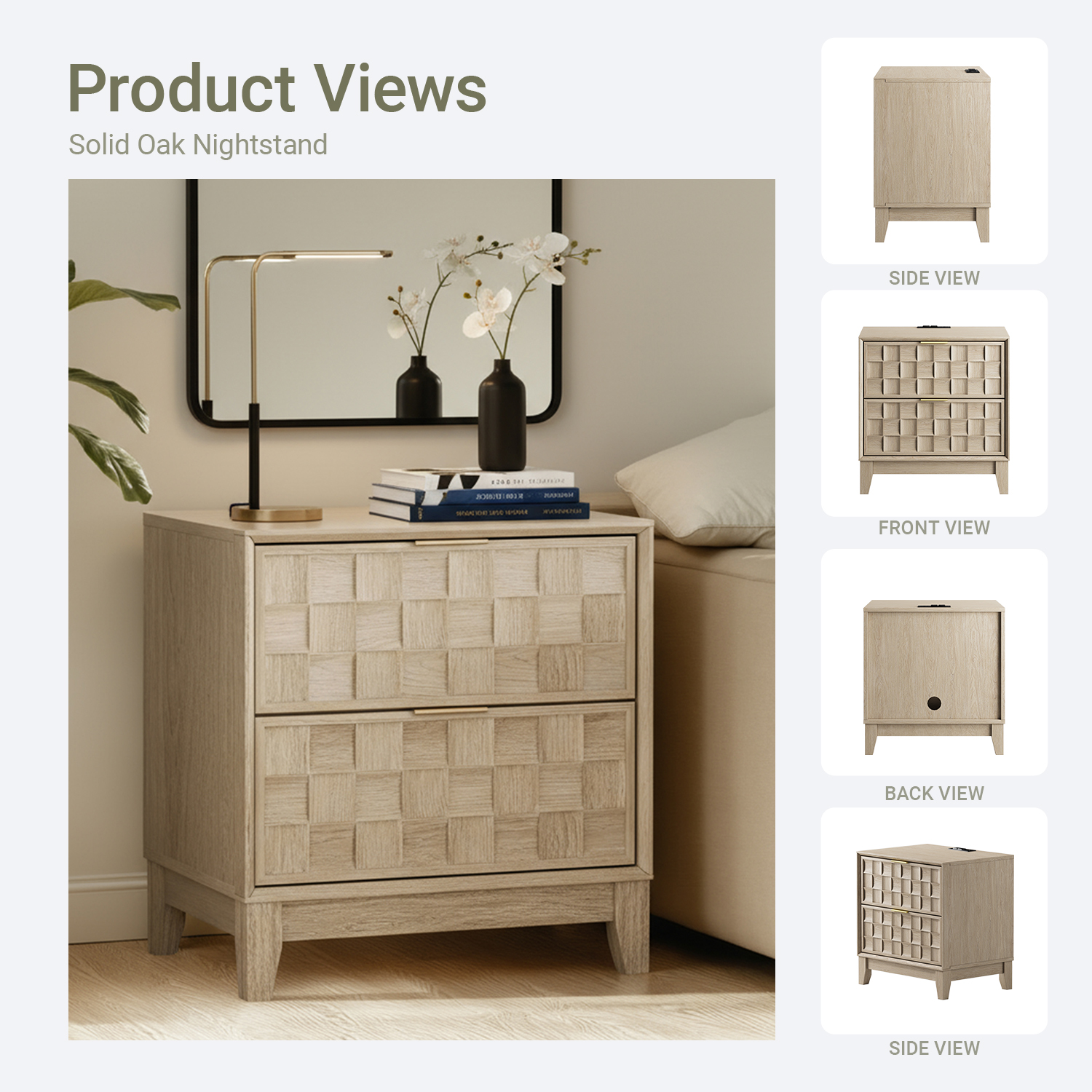 Nightstand with Charging Station, Modern 2 Drawer Bedside Table with Storage, 1 pack,Oak