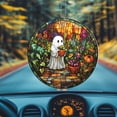 thumbnail image 3 of Window Hanging Acrylic Cute Ghost in Hat Suncatcher, Car Decoration with Floral Design, Fun and Whimsical Gift for Halloween or Ghost Lovers, 3 of 4