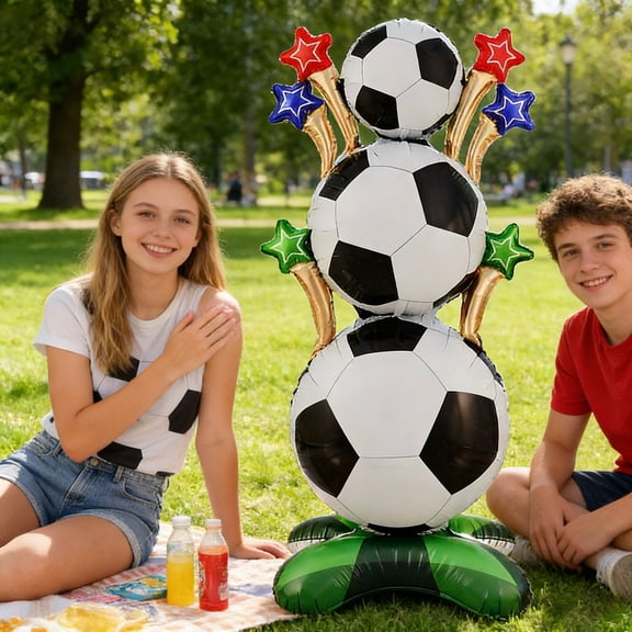 Standing Soccer Balloon Stack, Football Themed Foil Balloon with Weighted Base, Sporty Party Decor for Birthday and Game Day