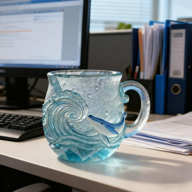 CaiYueKe Ocean Wave Whale Glass Mug Borosilicate Coffee Cup Hand Blown Art Mug for Hot Cold Drinks Water Tea Unique Sea Creature Gift Dishwasher Safe 3D Sculpture