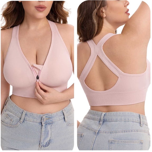WAGUTH Plus Size Front Zip Sports Bra for Women Racerback Medium Support Seamless Workout Yoga Bralette,Pink,3XL