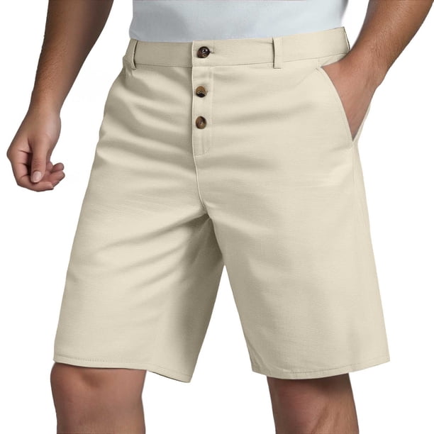 Pantalones cortos de lino con botones para hombre: cintura elástica, cordón, poliéster transpirable, pierna recta, tallas S-XXXL para primavera/verano