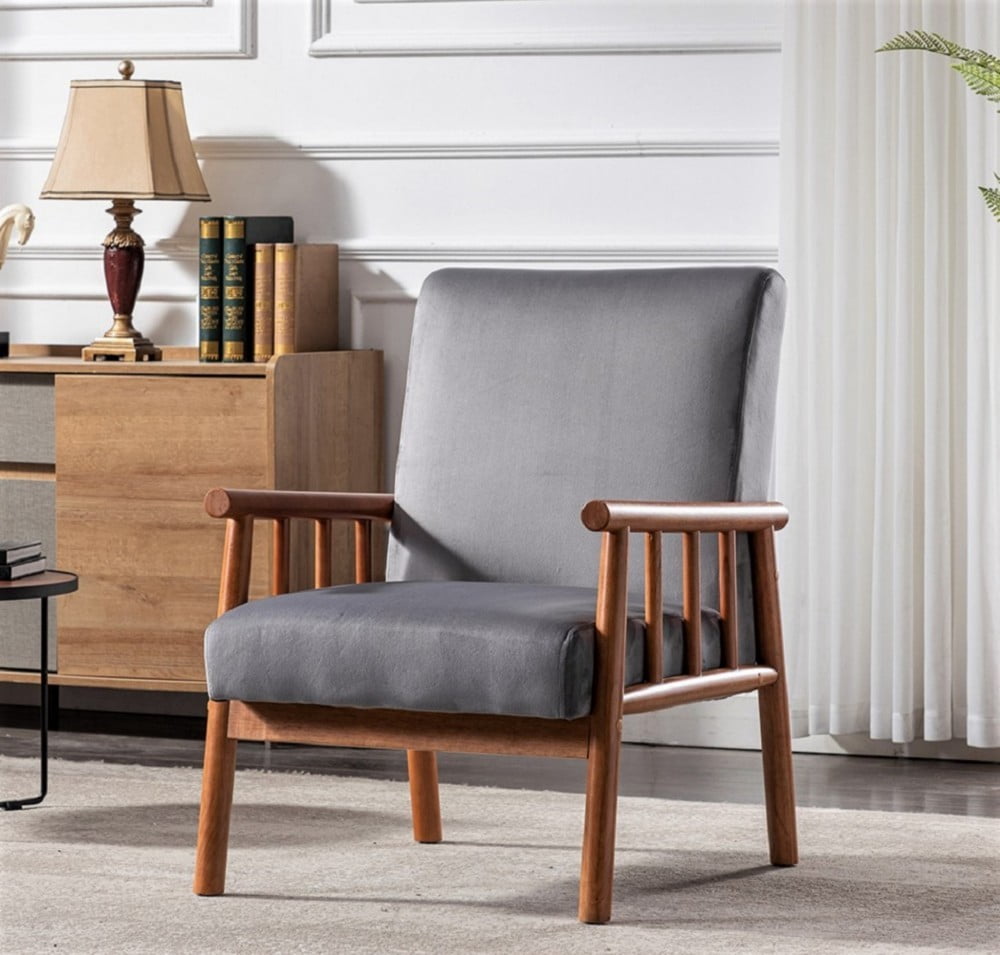 Mid Century Modern Accent Chair, 25" Wide Upholstered Armchair with Solid Wood Frame, Padded Seat & Arms, Black Velvet Lounge Chair for Living Room & Bedroom, Grey