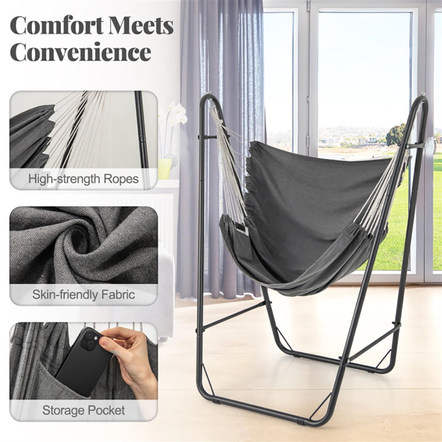 Demi Bonn Hammock Chair, Chaises with Heavy Duty Metal Frame and Side Pocket, Suitable for Home, Living Room and Bedroom, Gray