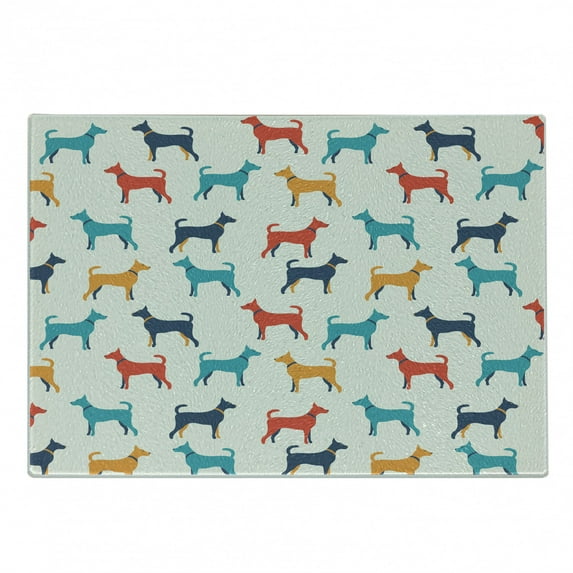 Dog Cutting Board, Contemporary Colorful Illustration of Pet Contours in Retro Style Print, Decorative Tempered Glass Cutting and Serving Board, Small Size, Grey Red Teal, by Ambesonne