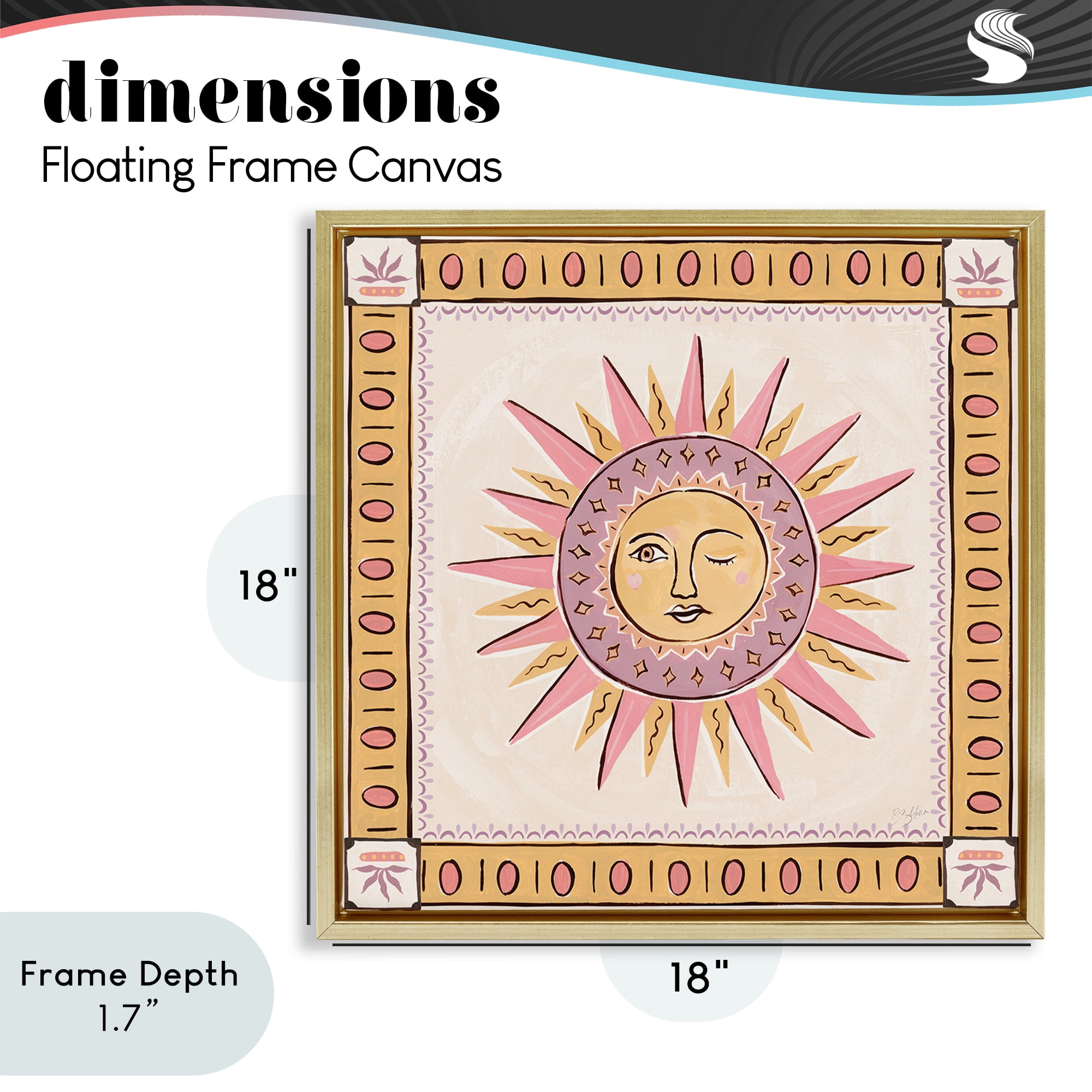 Stupell Industries Pastel Winking Sun with Border Gold Framed Floater Canvas Wall Art, design by Two If By Sea Studios