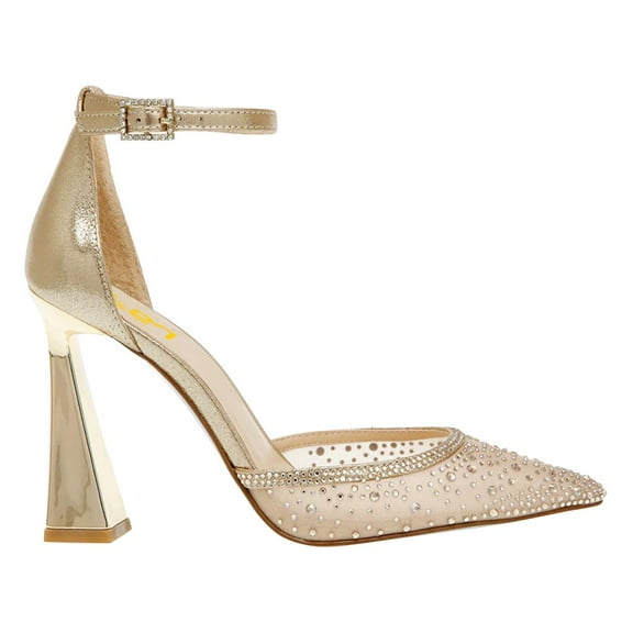 FSJ Women Rhinestone Studded Mesh D'orsay Pumps Chunky High Heel Ankle Strap Sandals Elegant Prom Party Bridal Shoes Size 8 Gold