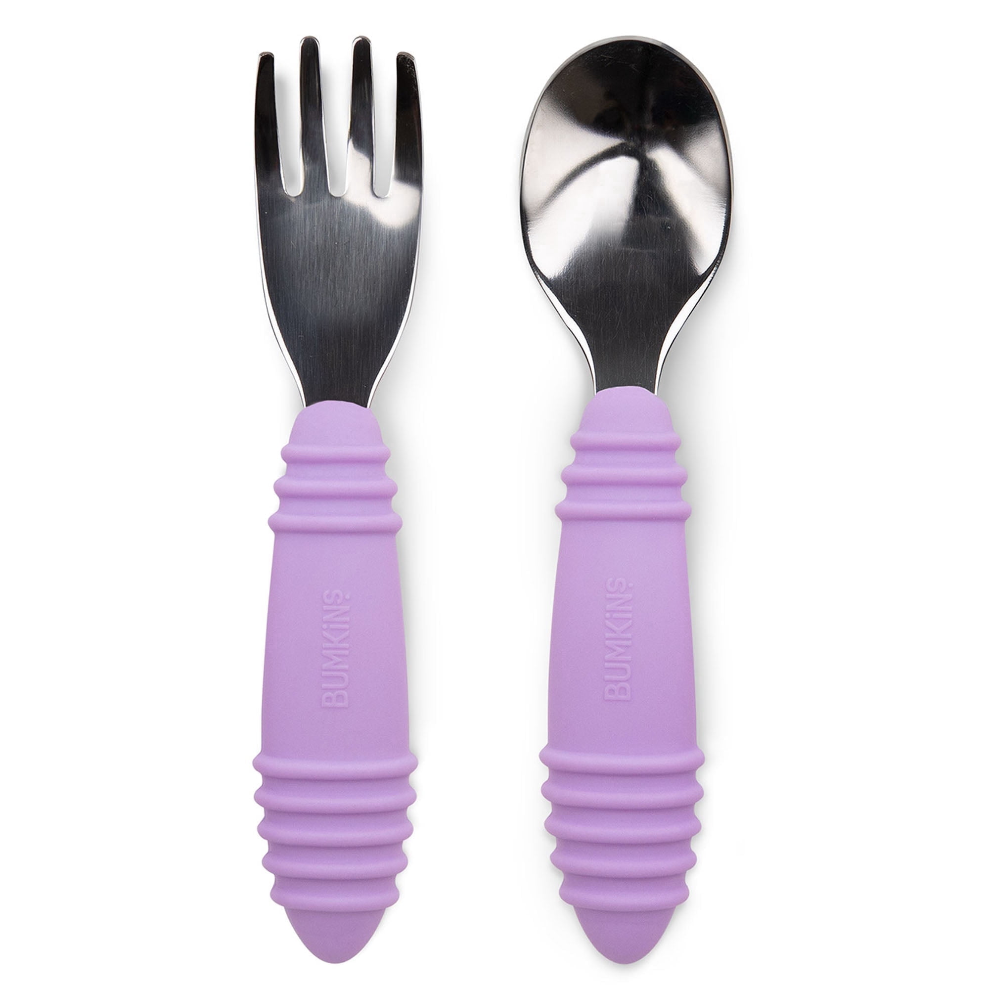 Bumkins Toddler Fork and Spoon Set, Stainless Steel & Silicone for 18 Mos+ (Lavender)