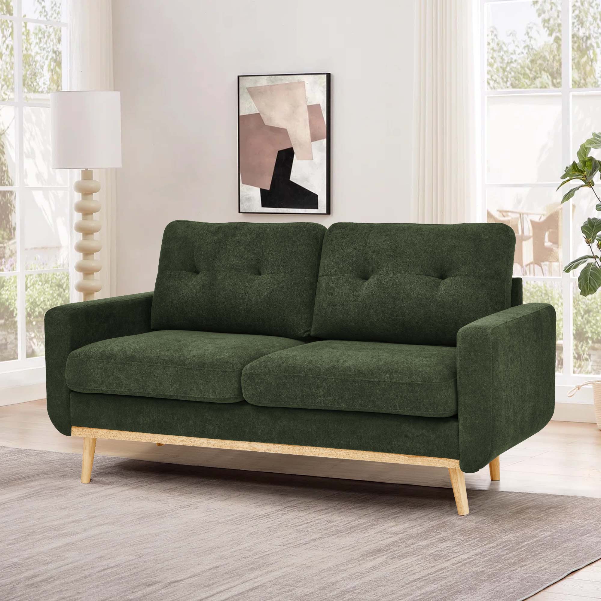 Timbernest 67.7" Loveseat Sofa, Mid-Century Loveseat Couch with Wooden Legs, Green Tufted Upholstery