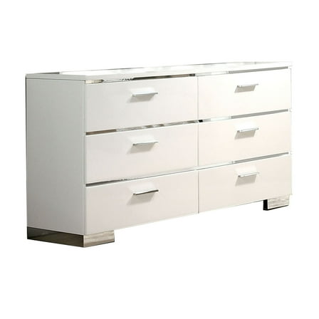 Benjara Wood and Metal Dresser with 6 Drawers and Block Leg, White and Silver