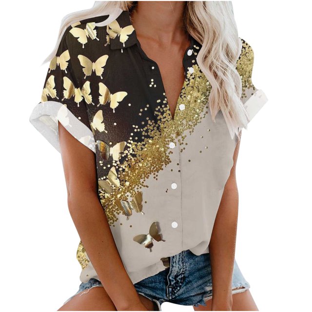 Blusa con estampado floral de manga corta con cuello en V para mujer OAVQHLG3B Store lin121212