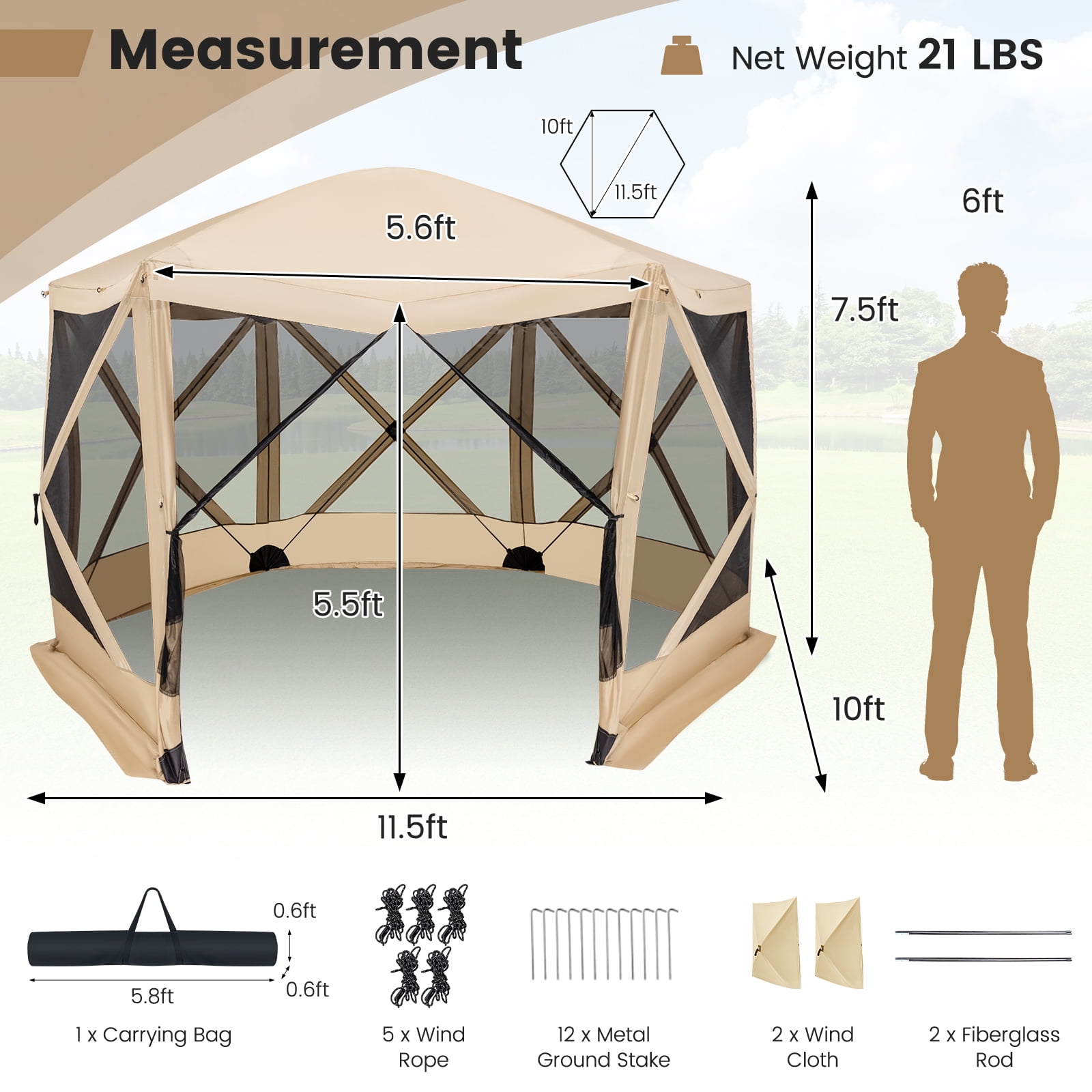 Costway 11.5 X 11.5 FT 6-Sided Pop-up Screen House Tent With 2 Wind Panels for Camping Coffee