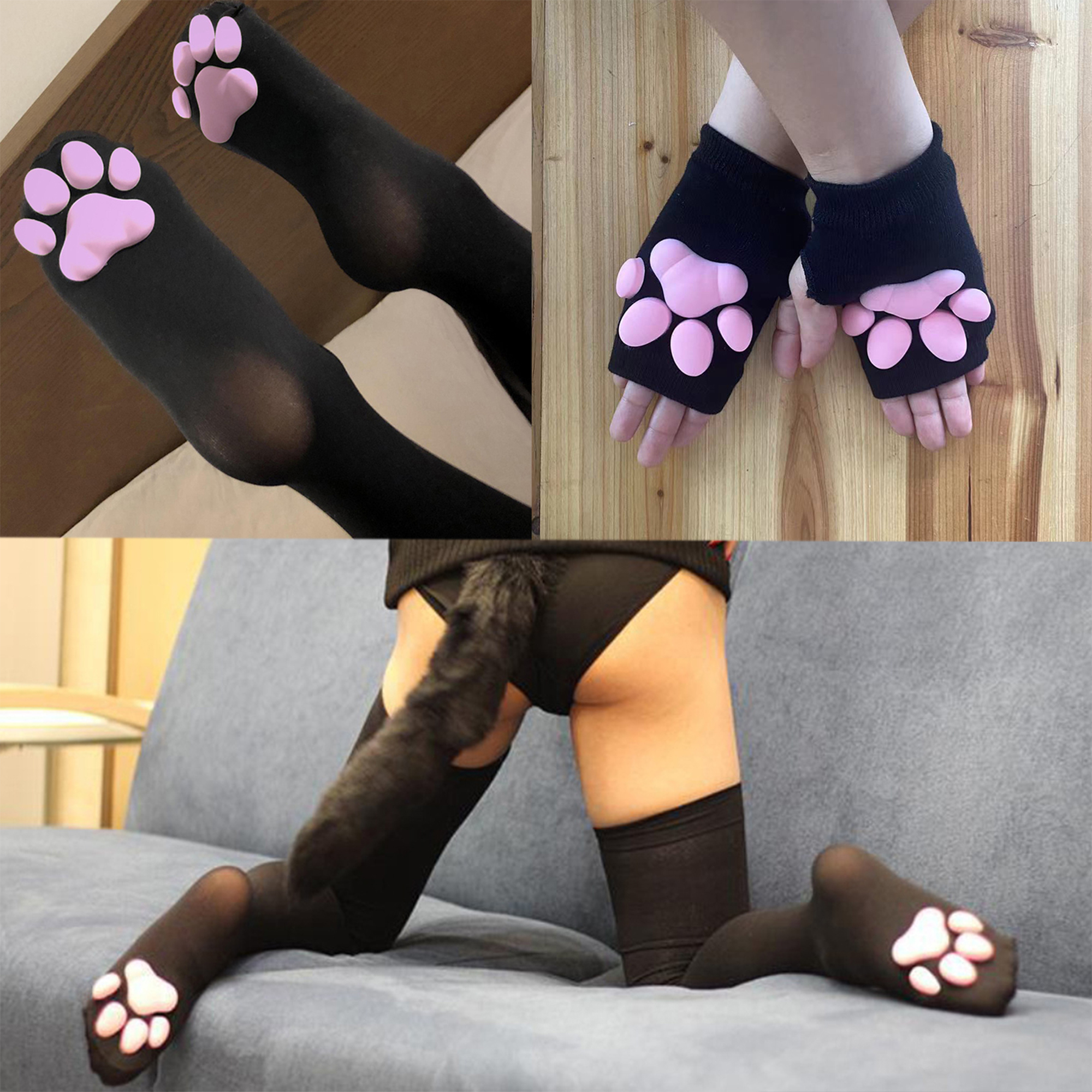 COUTEXYI Cartoon Cat Paw Pad Gloves, Thigh High Socks and Short Gloves Set