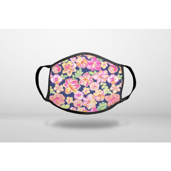 Preppy Pattern - Pink Green Navy Flowers Floral - 3-Ply Reusable Soft Cloth Face Covering, Unisex, Cotton Inner Layer
