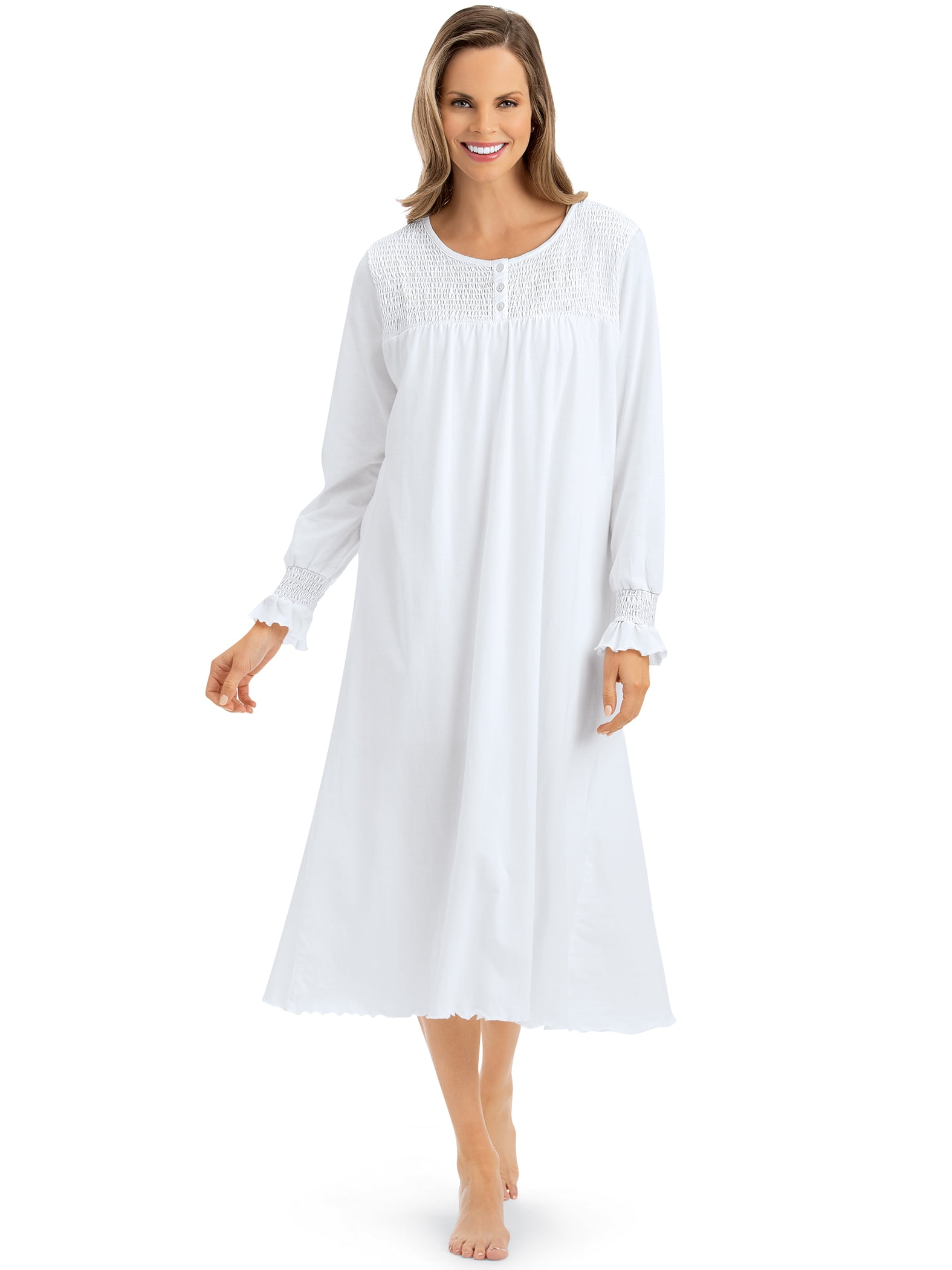 Elegant Long Sleeve Smocked Cotton Knit Nightgown