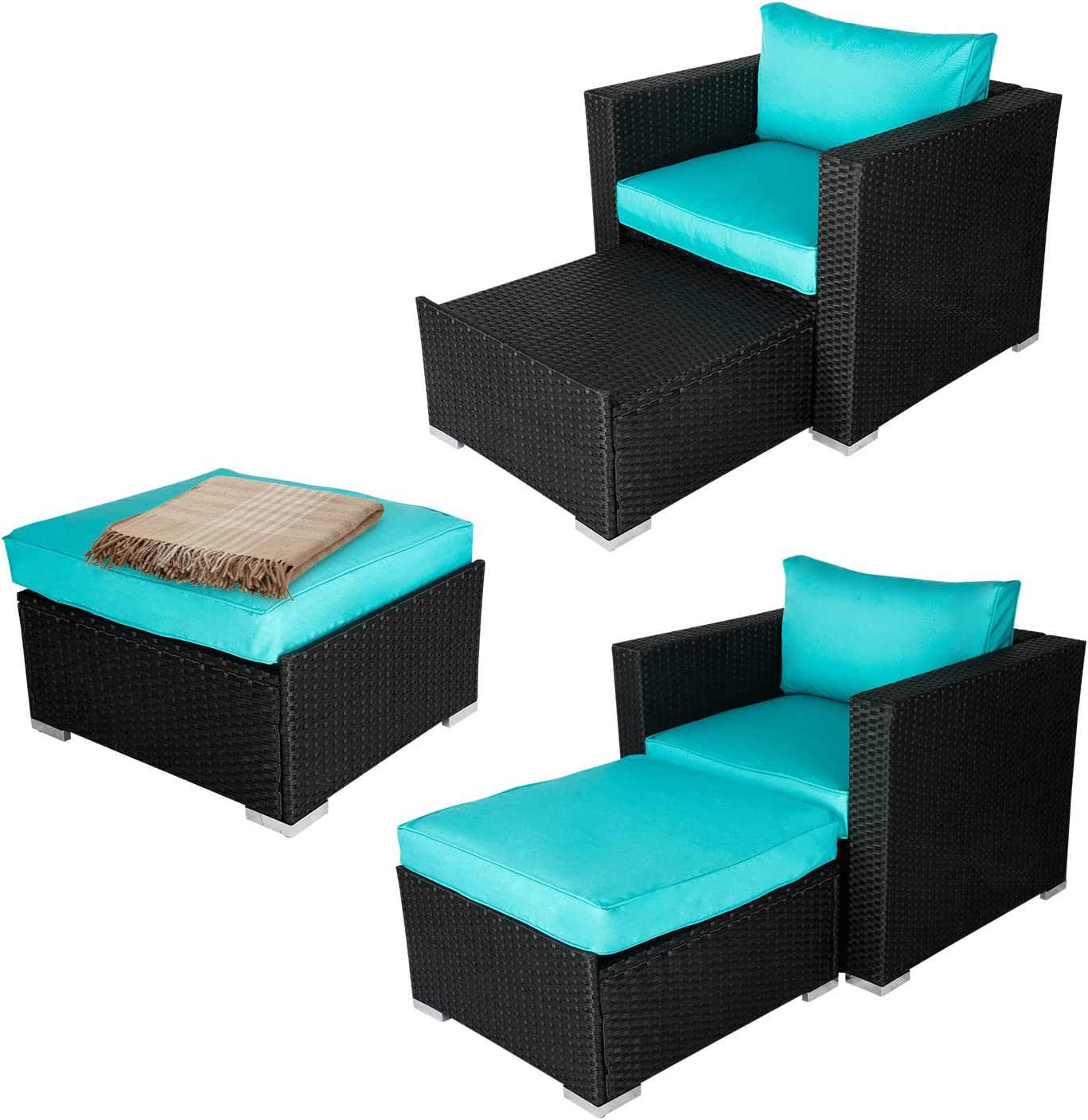 Kinbor 2pcs Outdoor Sofa Furniture PE Wicker Lounge Chair with Ottoman Sectional Conversation Set, Wicker Patio Sofa Sets, Blue - image 5 of 7