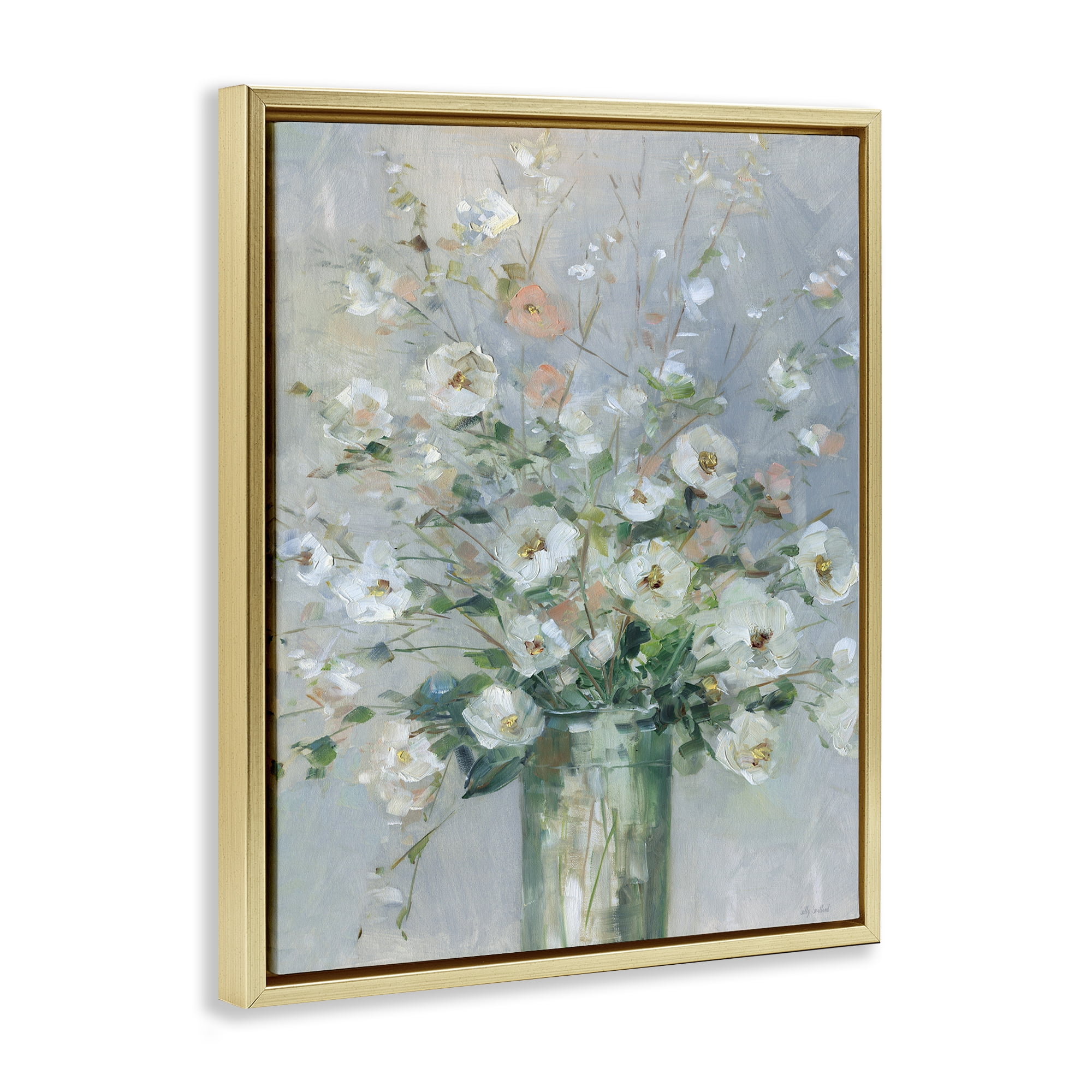 Stupell Industries Delicate White Blossoms Impression Gold Framed Floater Canvas Wall Art, design by Sally Swatland