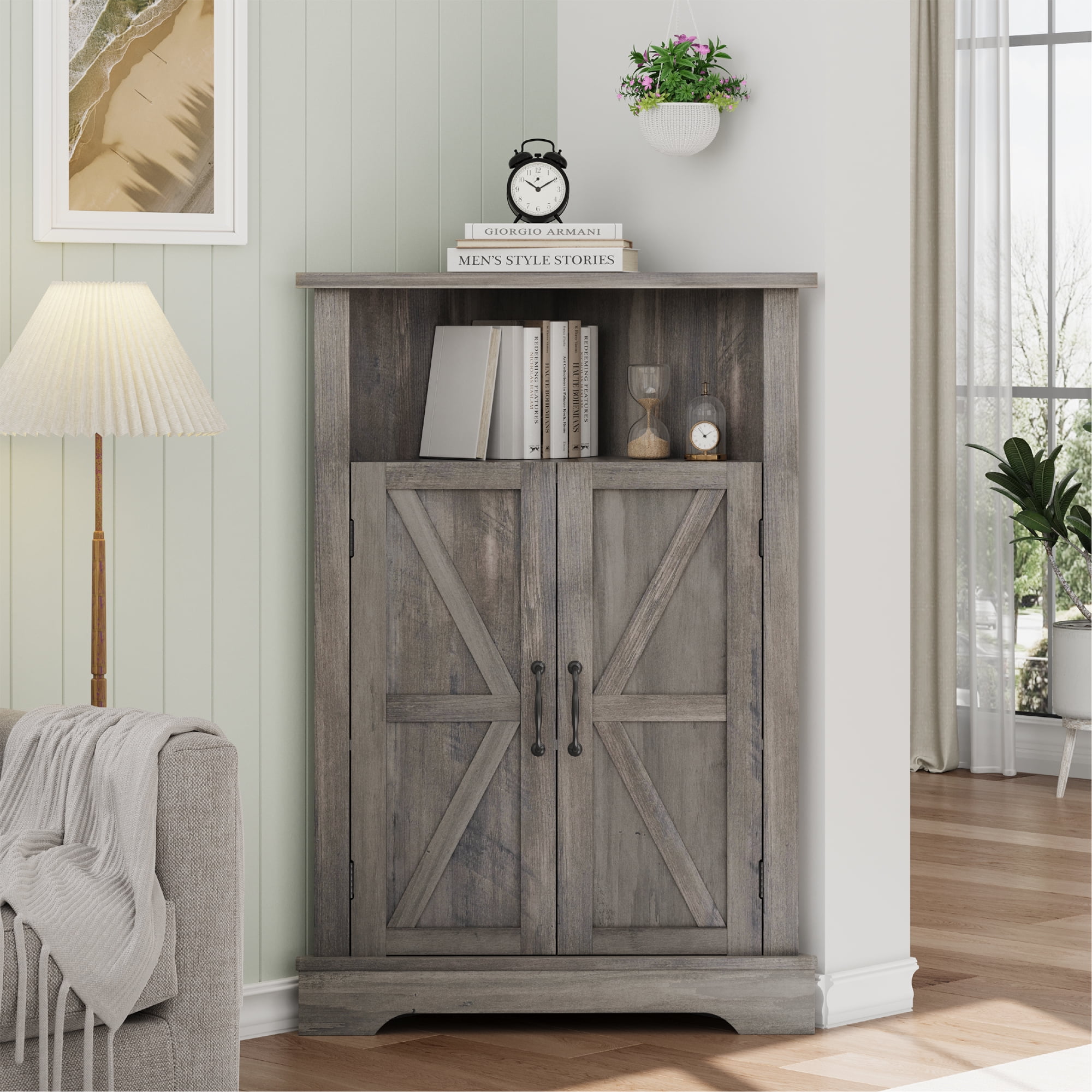 Semiocthome Farmhouse Bathroom Cabinet Corner Storage Cabinet, Barn Doors,Adjustable Shelves, Grey