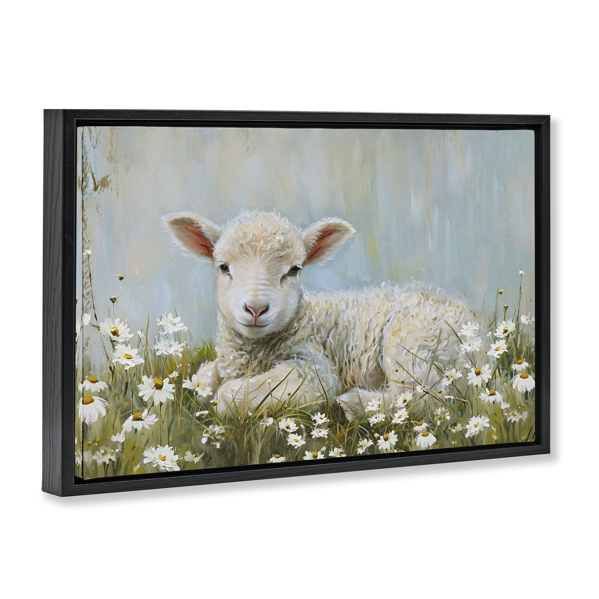 Stupell Industries Lamb Resting in Meadow Animals & Insects Painting Black Floater Framed Canvas Art Print Wall Art, 25 x 17
