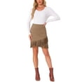 thumbnail image 2 of INSPIRE CHIC Women's Faux Suede Skirt Fringe Trim High Waist Vintage Casual Mini Skirts M Camel, 2 of 6
