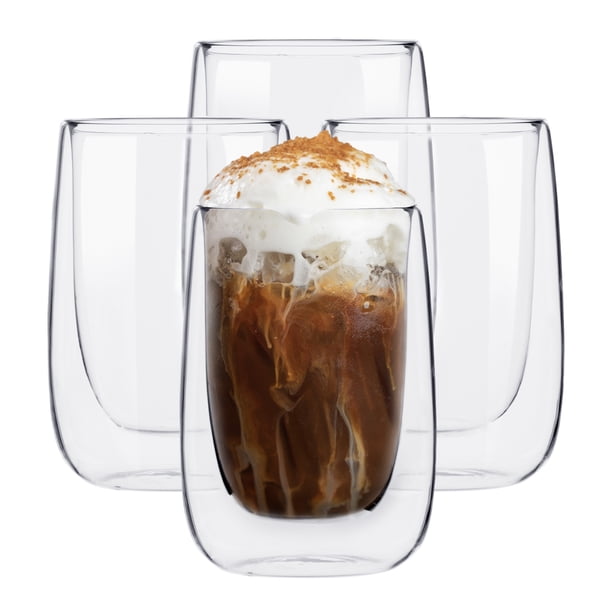 MAGMALIFE Vasos de Cristal de Doble Pared de 240 ml (8.11 Onzas). Vidrio De Doble Fondo, Set de 4 pzas, Ideales Para Capuchino, Té Helado, Vino o Jugo. Conservan la Temperatura de Bebidas Frías.