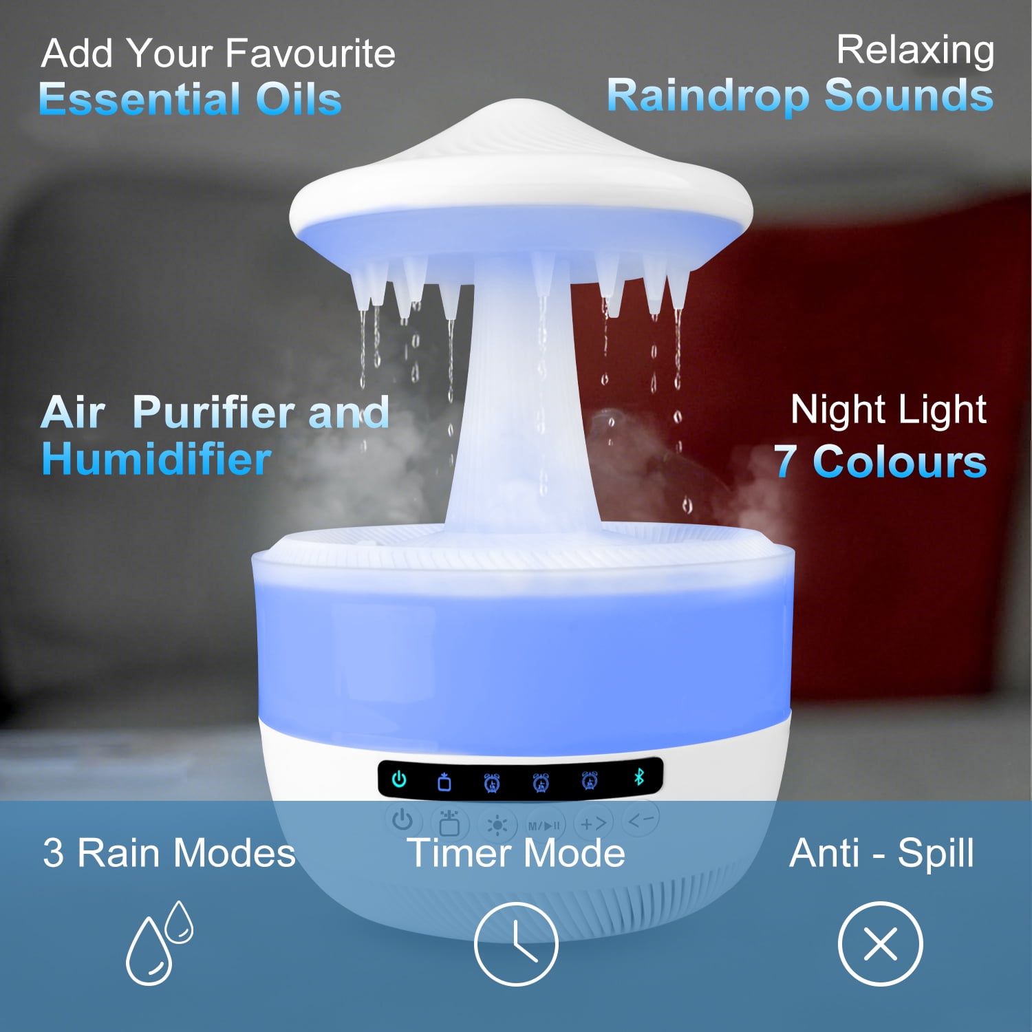 Humidifier for Bedroom,HopePow 12Hrs Cool Mist Top-Fill Ultrasonic Humidifiers with Night Light and Bluetooth Speaker Rain Cloud Humidifier Water Drip Diffuser Ultra Quiet Humidifier for Home,Room