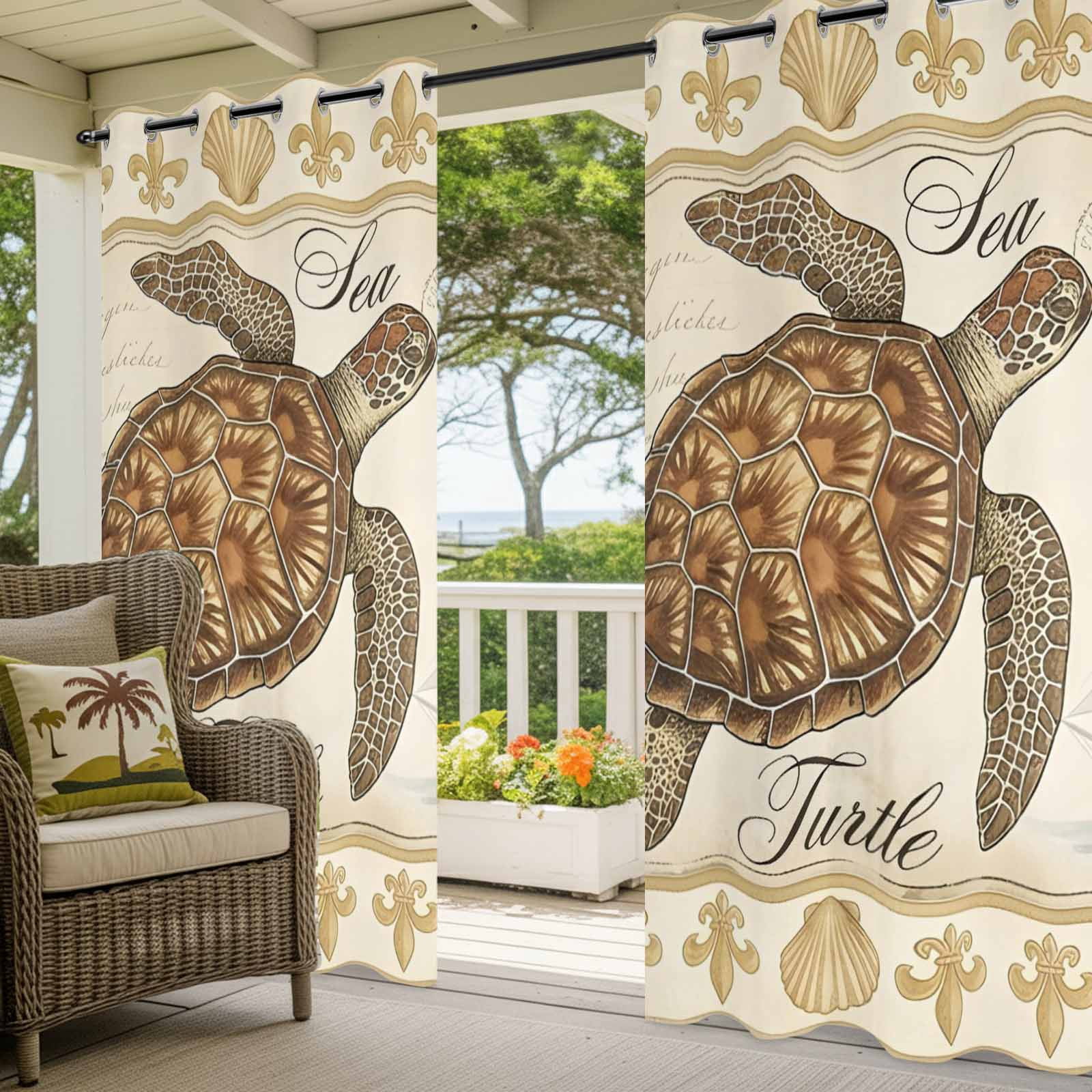 Retro Nautical Outdoor Curtains for Patio, Ocean Beige Brown Sea Turtle Seashell Ship Sunshade Privacy Drapes Grommet Waterproof Outside Curtains for Porch/Cabana/Balcony 54"x 108", 1 Panel