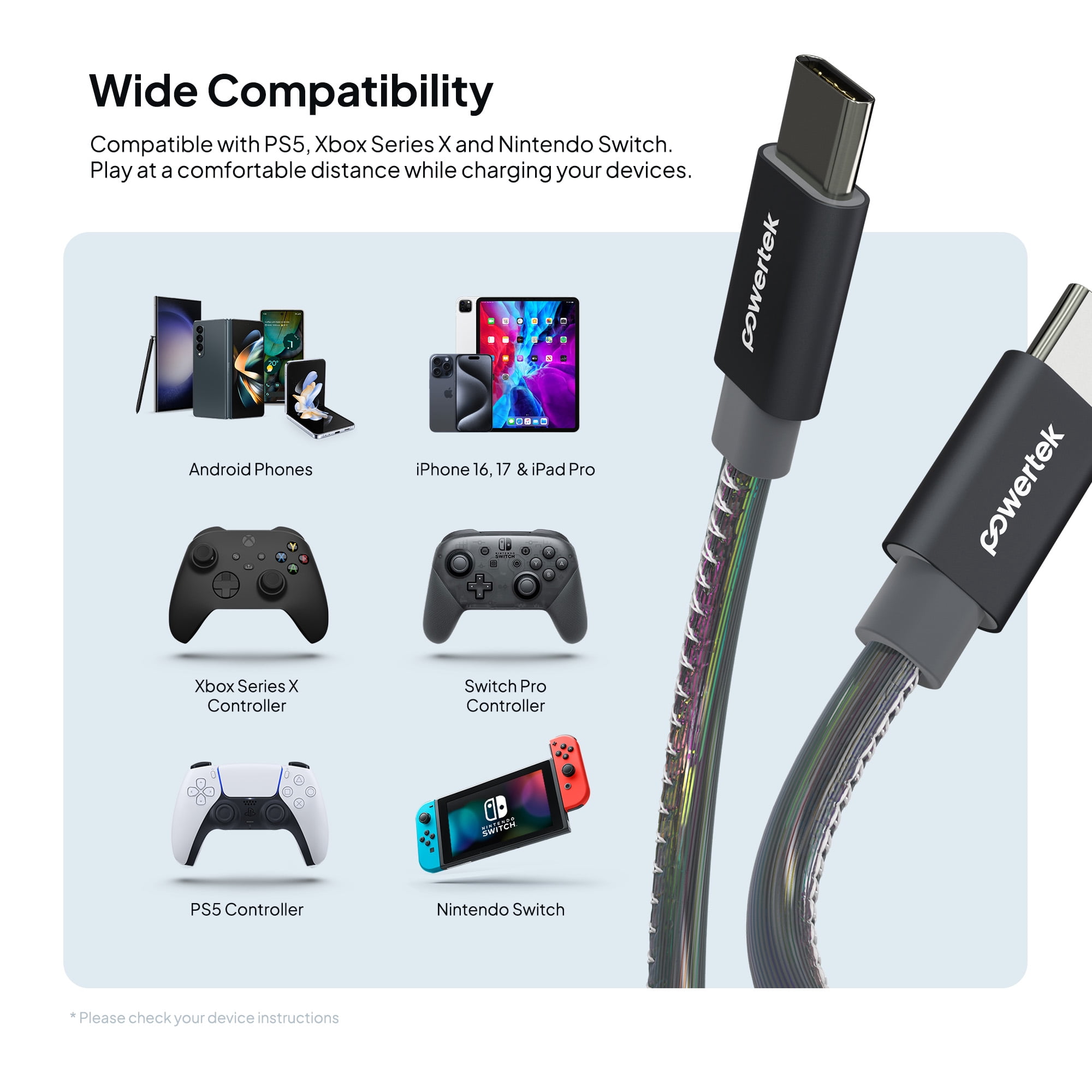 Powertek USB-C to USB-C (Type-C) Metallic Shine Pastel Fast Charging Cable, 60W, 6 ft, Black