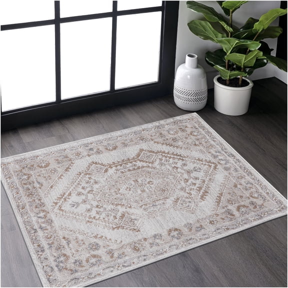 JERFIT 2x3 Cream Area Rug for Living Room, Non-Shedding Stain Resistant Polyester Rug with Border, Soft Medium Pile Accent Rug for Bedroom Dining Home Office