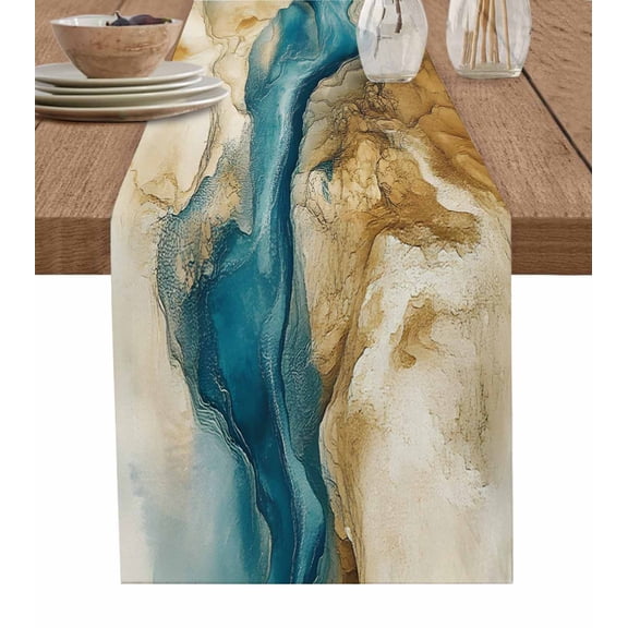 Ldtrchee Teal Brown Table Runner 48 Inches, Abstract Art Modern Water Ripple Bed Runner Dresser Scarves Tabletop for Indoor Outdoor Parties/Ceremony/Banquet, 13" x 48"