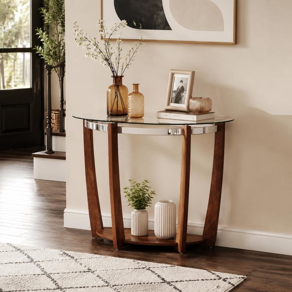 2-Tier Half-Moon Tempered Glass Console Table with Solid Rubberwood Legs and Open Storage Shelf, Walnut