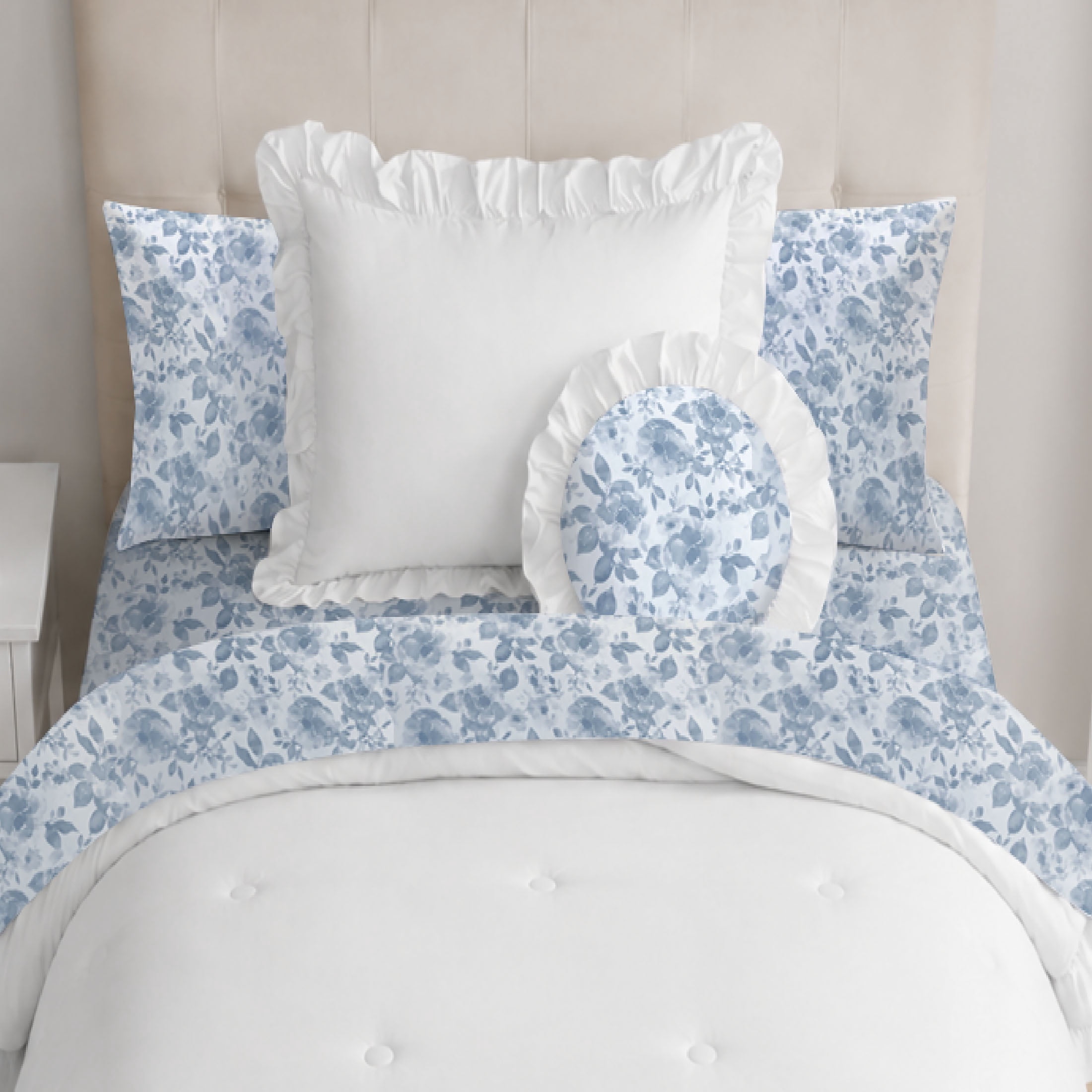 Mainstays All in One Reversible Comforter and Sheet Set- 8 Piece, Twin, White and Blue Ruffle