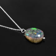 QNAVIC Ultra Fire Black Ethiopian Opal Tumble Crystals Gemstone Pendant Necklace, Handmade Dainty Jewelry, Gift for Women, Healing Crystals, Birthstone, 925 Sterling Silver Chain 18 inch