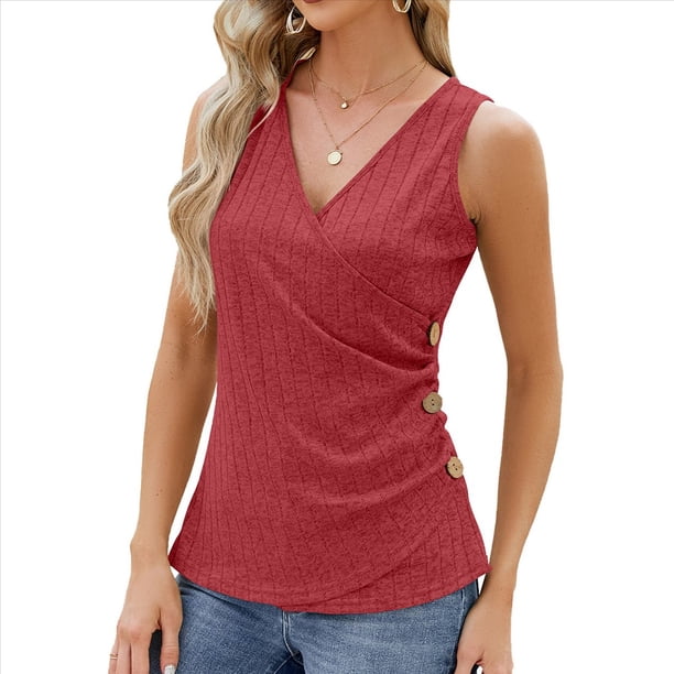 Camisetas Sin Mangas de Verano para Mujer, Informales, con Bordado de Ojales, Cómodas, con Diseño de Botones, Corte Entallado, Básicas. Rojo XL