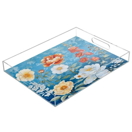 

Acrylic Tray 15.7*11.8*1.9 Inch Transparent Tray Food Tray Tea Cup Tray Serving Trays Cosmetics Storage Kitchen Table Bathroom Sundry Storage Yellow Chrysanthemum