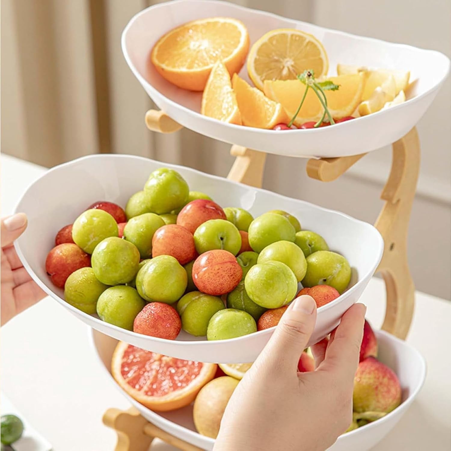 3-Tier Fruit Basket Oval Bamboo Stand Kitchen Countertop Storage