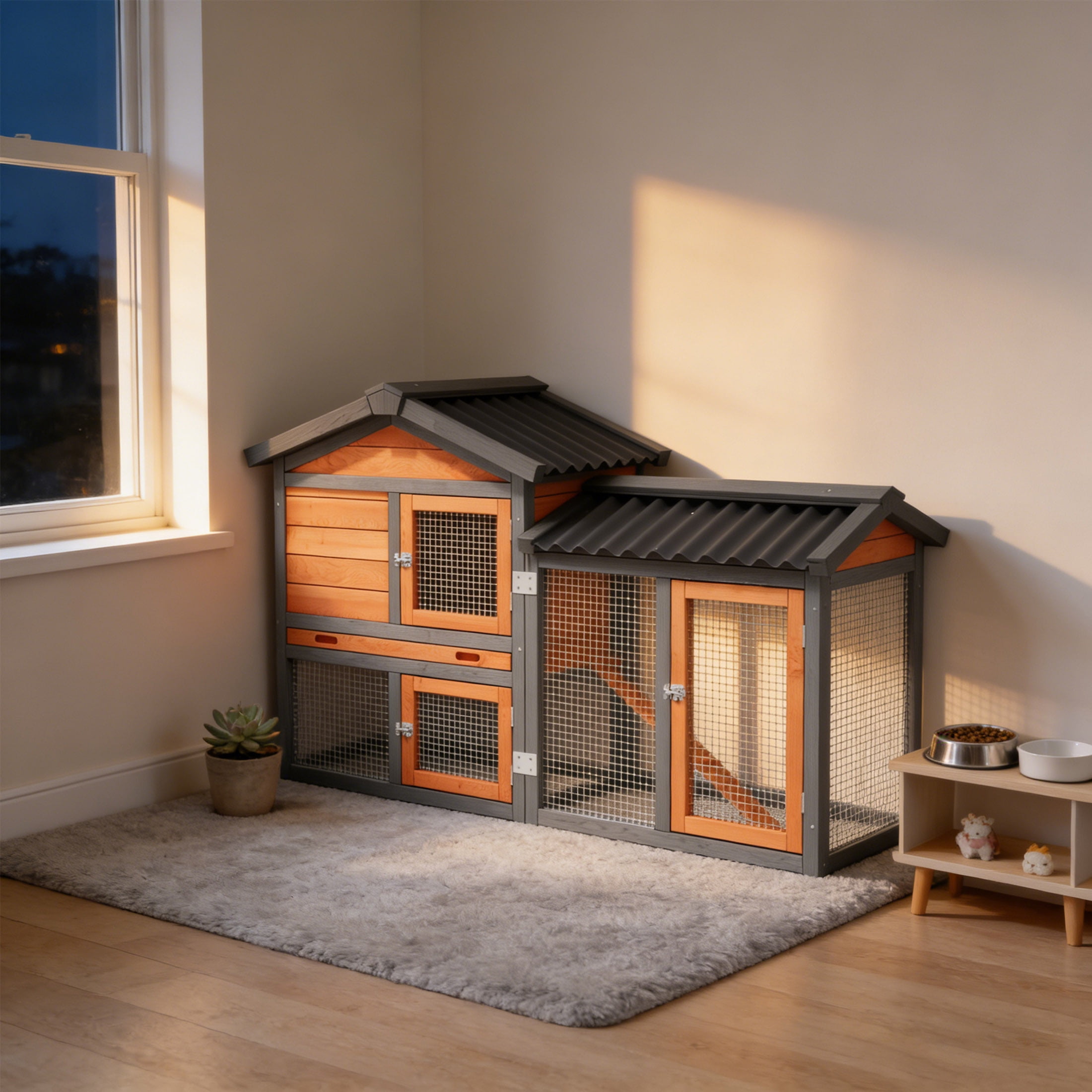 Predator Proof Outdoor 2 Story Duck Condo with Weatherproof Brooder,Duck Hutch with Wire Mesh Run,58",Orange with Black
