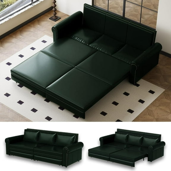 93.7" King Size Sleeper Sofa Bed, Pull Out Sofa Bed, Velvet Upholstery, 3 in 1 Convertible Sleeper Couch, Chaise Lounge, Retro Recliner for Living Room, Office, Apartment, Green
